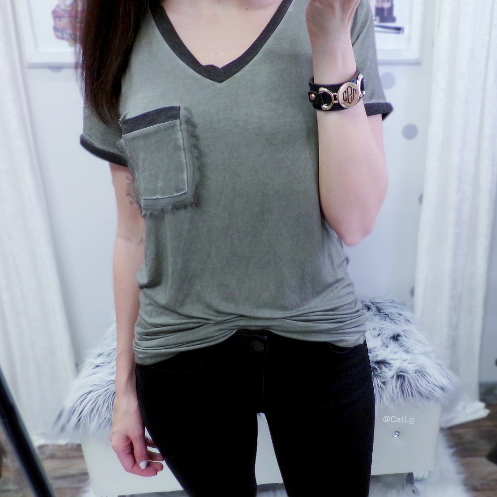 SALE Olive Pocket Tee Mineral Wash V-neck Top - Picture 2 of 5